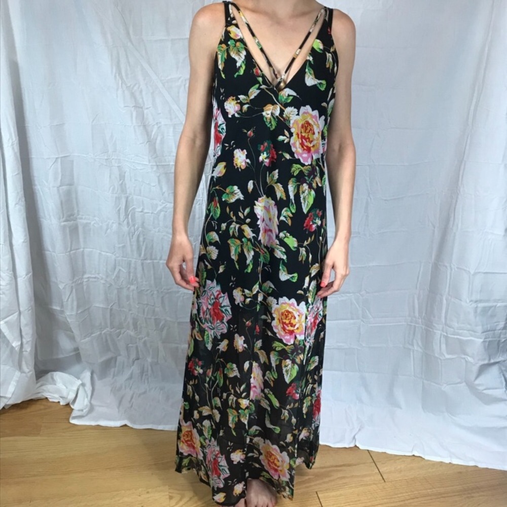 Green, Red, Yellow Floral Strappy Maxi Dress